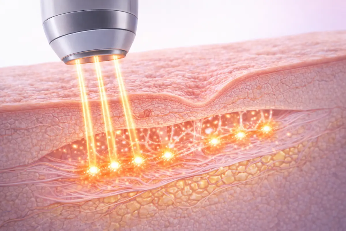 音波拉提聚焦能量作用於筋膜層示意圖