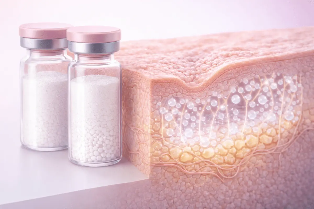 童顏針膠原蛋白增生原理與瓶裝示意圖