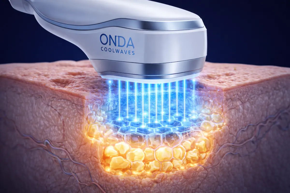 ONDA 超微波探頭與脂肪層作用示意圖